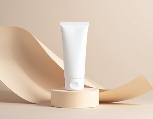  Blank white cosmetics tube on the beige background.Wavy podium under it.Good as cosmetic mockup,pastel banner with copy space. 
