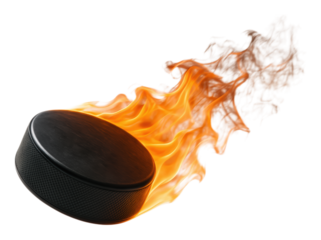 Fiery Ice Hockey Puck in Motion with Flames and Smoke, Dynamic Action Shot for Sports Enthusiasts, Isolated on Transparent and White Background