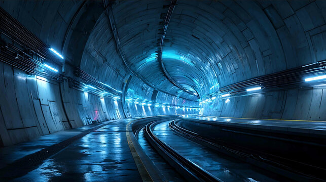 Empty futuristic subway tunnel with glowing blue neon lights illuminating smooth metallic walls and rails disappearing into darkness creating a sense of mys