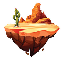 Cactus and canyon rocks on a dry desert floating island with open flat terrain. Vector cartoon illustration