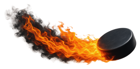 Dynamic Fire-Emblazoned Hockey Puck in Motion with a Trail of Flames and Smoke, Isolated on Transparent and White Background