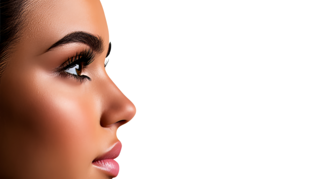 Woman's face profile with detailed eyes, lashes and skin, cut out transparent