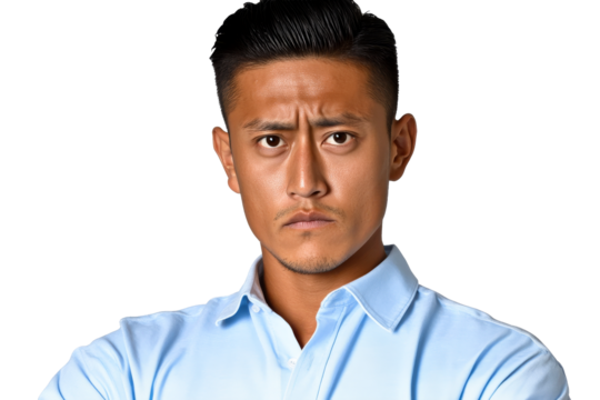 Stern Asian man with furrowed brow in light blue shirt, cut out transparent