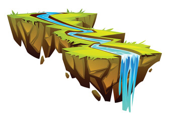 Naklejka premium Winding river flowing across lush floating island ending in waterfall. Vector cartoon illustration