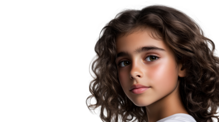 Portrait of a child with curly brown hair, cut out transparent