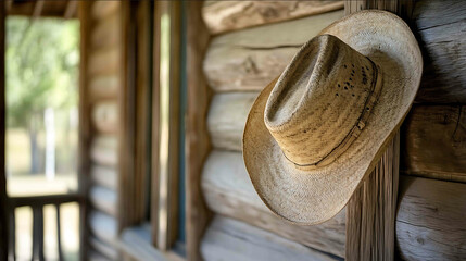 Cowboy hat hanging on the porch of a ranch house in the countryside the mood of the western countryside