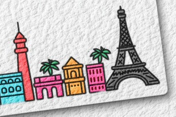 Obraz premium Colorful skyline of famous world landmarks including the Eiffel Tower and palm trees symbolizing global travel adventure captured in vibrant illustration style captured with clarity