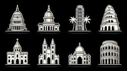 Iconic landmarks from around the world are illustrated in a sleek design showcasing architectural marvels representing diverse cultures capturing the essence of global heritage and historical