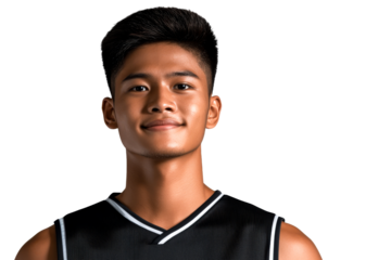 Smiling Asian Man Portrait in Black Jersey, Cut Out Transparent