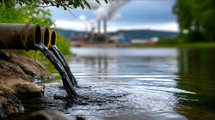 closeup of three pipes from which dirty black sludge drains into a river pipes lead underground to a factory a nearby factory with industrial pipes and smok