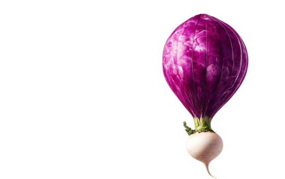Floating turnip morphing into a purple hot chili pepper with surreal and imaginative transformation design isolated on transparent background PNG