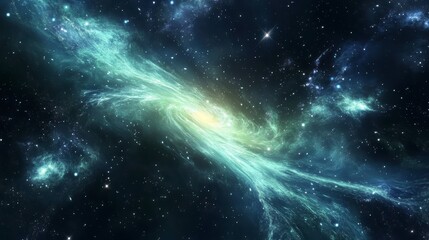 Teal spiral galaxy swirling in dark space, stars, nebula.