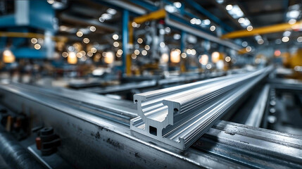 Product photo of custom aluminum extrusions in a manufacturing environment detailed metallic textures precisionengineered profiles brushed and polished alum