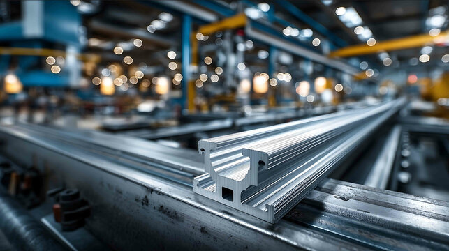 Product photo of custom aluminum extrusions in a manufacturing environment detailed metallic textures precisionengineered profiles brushed and polished alum