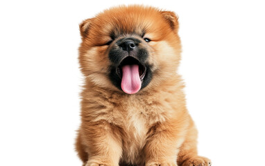 Fototapeta premium Fluffy chow chow puppy sitting with tongue out showing playful and adorable expression isolated on transparent background PNG
