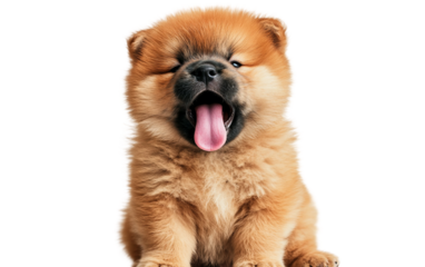 Fluffy chow chow puppy sitting with tongue out showing playful and adorable expression isolated on transparent background PNG