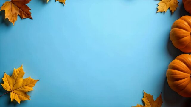 Festive autumn arrangement with orange pumpkins and colorful fall foliage against a light blue background for Thanksgiving, Halloween.