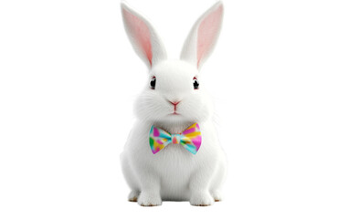 Fototapeta premium Adorable fluffy white bunny with vibrant bowtie isolated showcasing soft fur and cute expression isolated on transparent background PNG