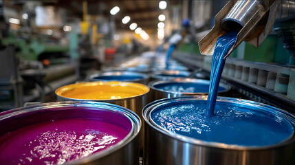 paint is poured from a tank through a pipe into metal chrome cans at a paint and varnish factory for advertising