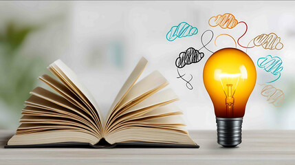 home study vibe with graduation theme glowing bulb rising above open pages soft pastel icons of email cloud ideas dreamy tone blank right Hyperrealistic por