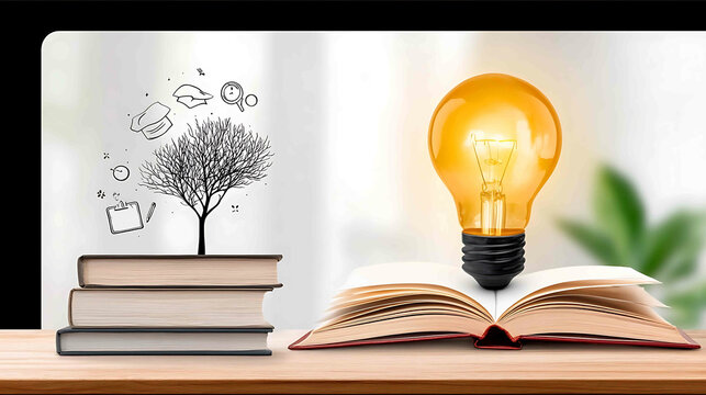soft ambient visual of digital education glowing bulb illuminating book with hat minimal elegant icons floating free space on left Hyperrealistic portrait o