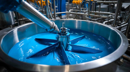 An industrial mixer in a large tank with blades inside for mixing slowly and evenly mixes blue paint in a paint factory with pipes for advertising