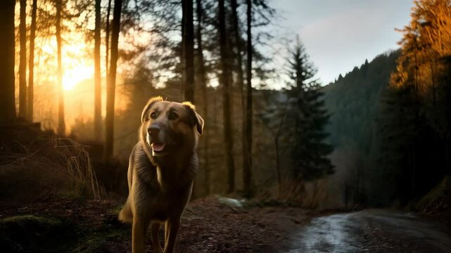 Alert dog poses along a forest road as the sun rises in the distant trees on an overcast, misty morning.