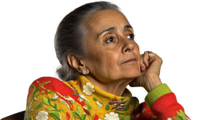 Mature Woman with Hand on Chin, Looking Upward, cut out transparent