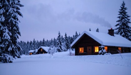Snowy Log Cabins in Winter Forest at Twilight