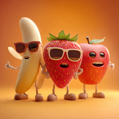 "Funny Fruit Characters in Festive and Seasonal Scenes – Banana, Strawberry, Cherry Family in AI 3D Style


