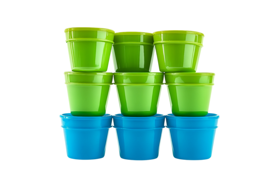 Colorful stacking cups in shades of green and blue organized in a tidy set promoting fine motor skills and cognitive growth isolated on transparent background PNG