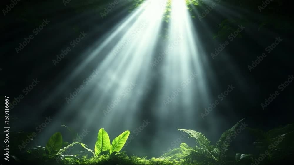 Aufkleber sunbeam of hope in the dense forest: a mystical forest scene is illuminated by a sunbeam, highlighti
