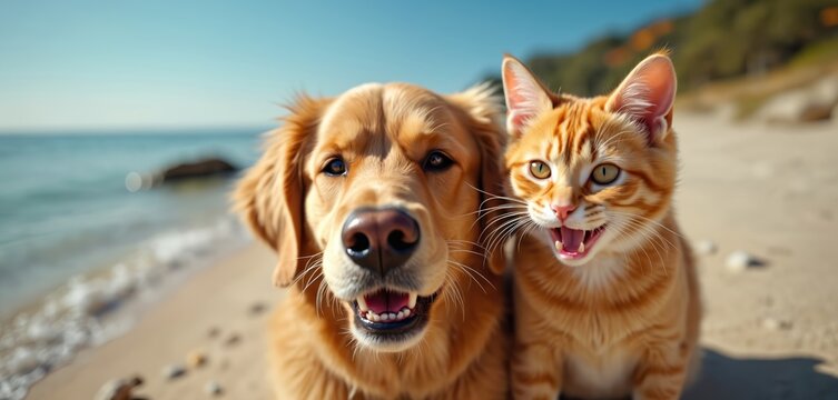 Dog cat posing together at beach. Golden retriever takes selfie picture with cute orange tabby kitten friend. Animals smile happy, showing teeth at camera. Friendship fun concept.