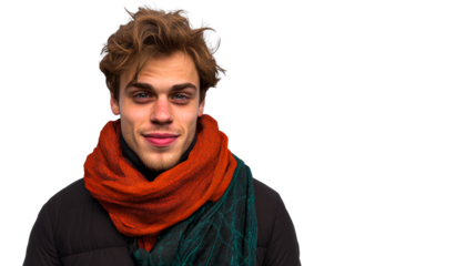 Portrait of a young man smiling, wearing scarf, cut out transparent