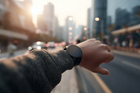 Checking time on a smart watch amidst the vibrant cityscape. Blurry city lights adds to a feeling of being present in the moment.