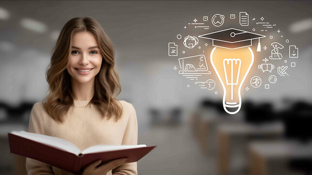 modern workspace setting with education concept open textbook cap placed above floating lightbulb and soft bokeh background icons of online study right spac