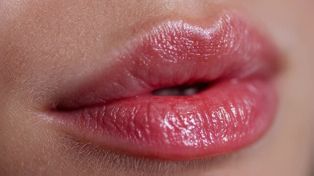 A close-up of the lips with wet lip gloss on feminine skin