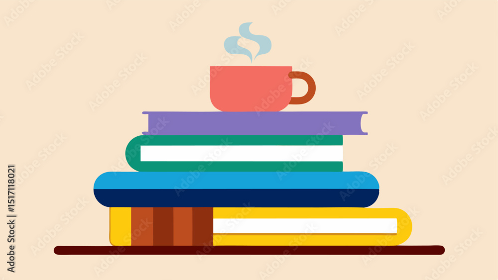 Poster book stack a stack of colorful books with a steaming cup of tea on top symbolizing reading as a rewa