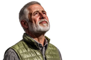 Gray haired senior man looking upward, cut out transparent