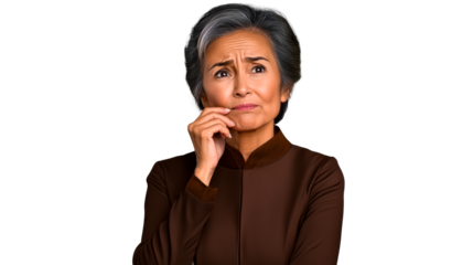 Pensive mature Asian woman with grey hair, cut out transparent