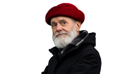 Senior man with beard wearing red hat and jacket, cut out transparent