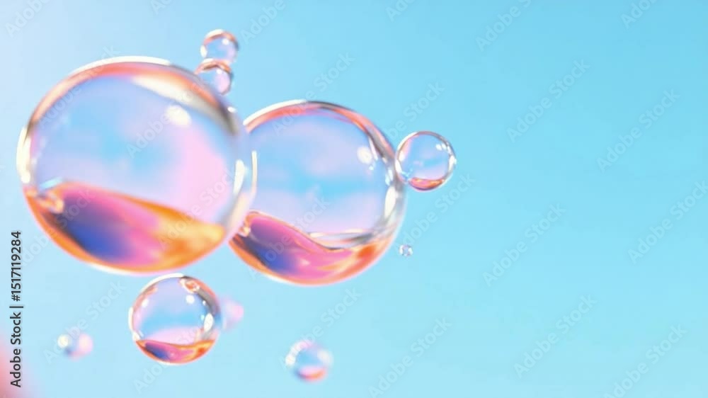 Poster Delicate Bubbles in Sky: Transparent spheres, shimmering with subtle iridescent colors, float serenely against a pale blue backdrop, creating an atmosphere of ethereal beauty and tranquility.