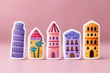 Naklejka premium Playful collection of whimsical architecture and colorful buildings on a pastel backdrop designed to inspire creativity and evoke a sense of imagination and wonder in every viewer