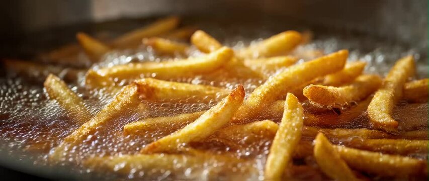 Anamorphic video Golden fries fried in bubbling oil. The heat and sizzle of the oil 