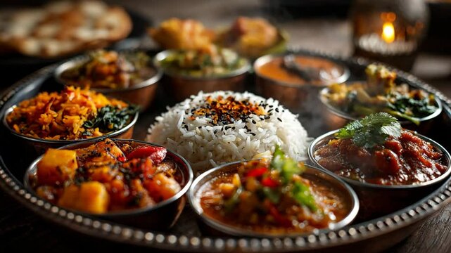  Traditional Indian thali meal with basmati rice and a variety of colorful vegetable curries and lentils, served hot in copper bowls on a festive dining tray