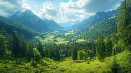 Fototapeta premium Picturesque alpine valley nestled amongst towering peaks. Lush green meadows and forests meet a clear, sunny sky