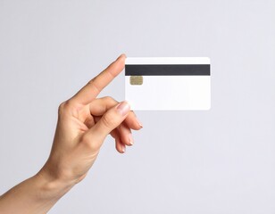 Close up female hand holds levitating template mockup Bank credit card with online service isolated on white background