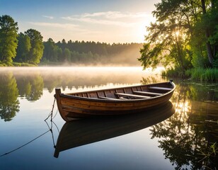 Obraz premium River at Dawn with Boat – Silent Morning Reflection