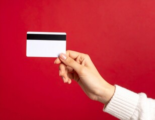 Close up female hand holds levitating template mockup Bank credit card with online service isolated on red background (Kopyala).jpg