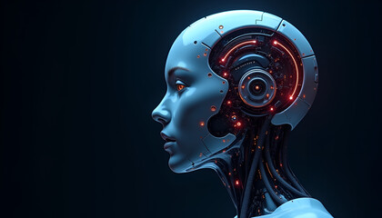 Robotic Woman with Red Circuits and High-Tech Neural Core